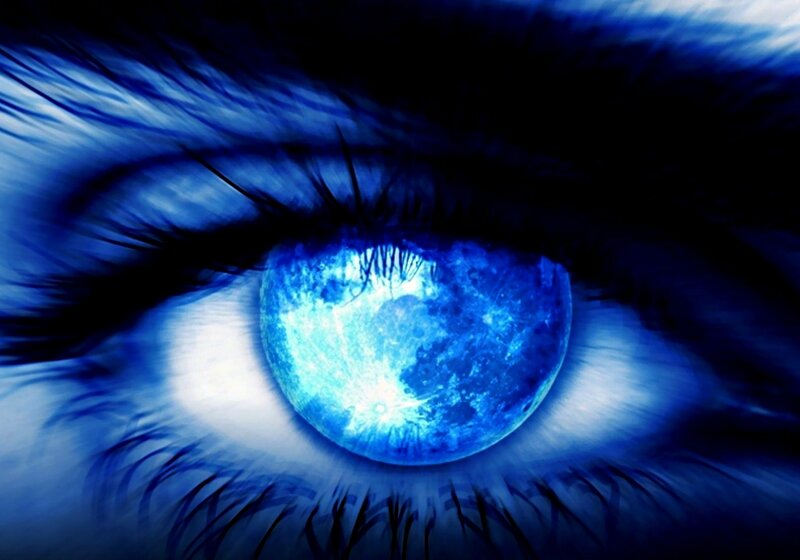 Blue Eye with Moon — Dramatic, Night, Digital Art, Eyelashes