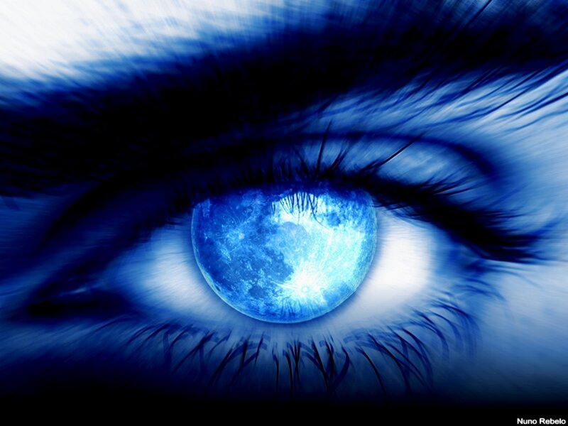 Blue Eye with Moon — Dramatic, Night, Digital Art, Eyelashes, White, Nuno Rebelo