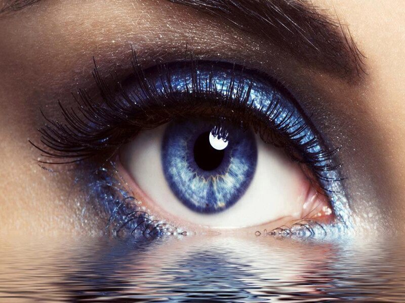 Blue Eye with Water Reflection — Dramatic, Photograph, Eyelash