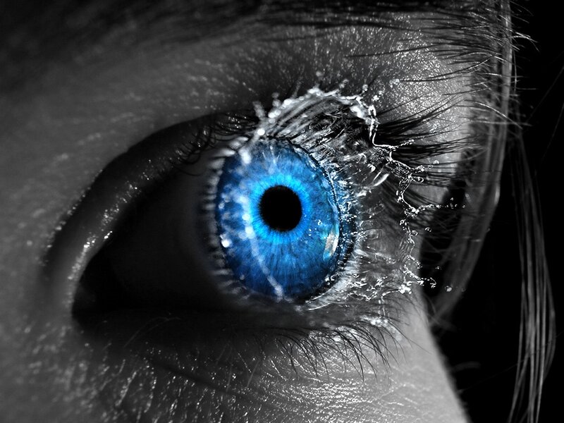 Blue Eye with Water Splash — Dramatic, Photograph, Eyelashes