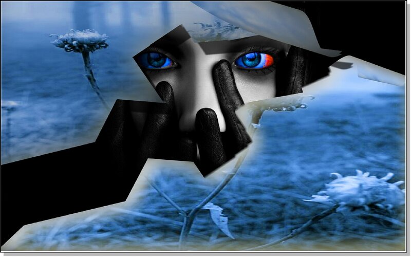 blue-eyed figure in snowy landscape