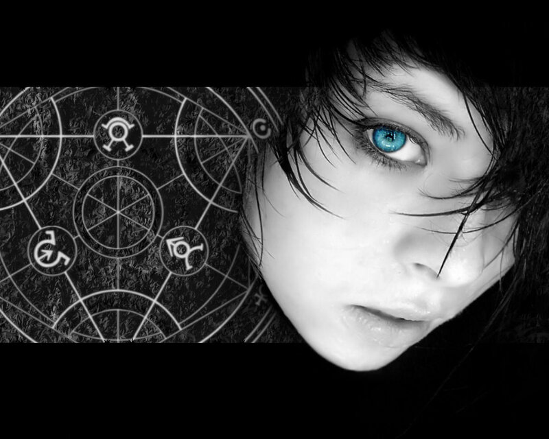 blue-eyed person with symbols