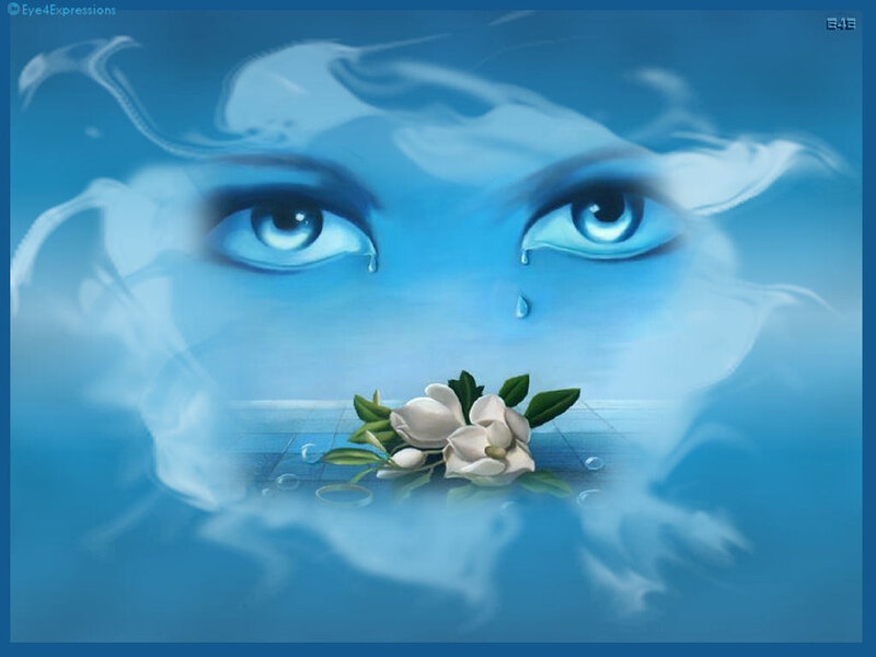 Blue eyes with tears and flower