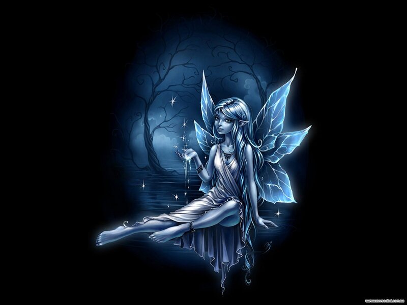 Blue fairy in a dark forest