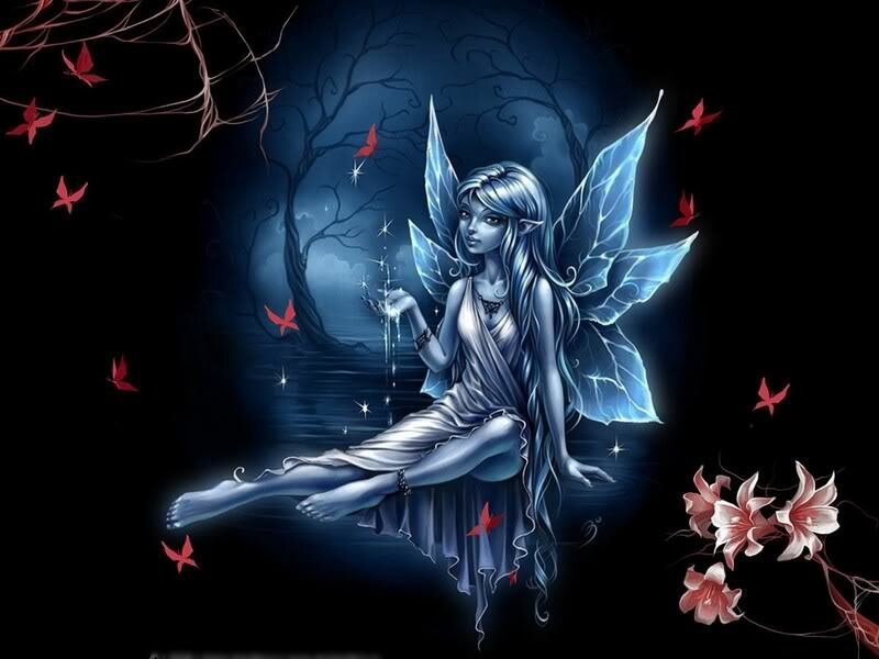 blue fairy in a dark forest