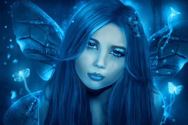 blue fairy with glowing butterflies