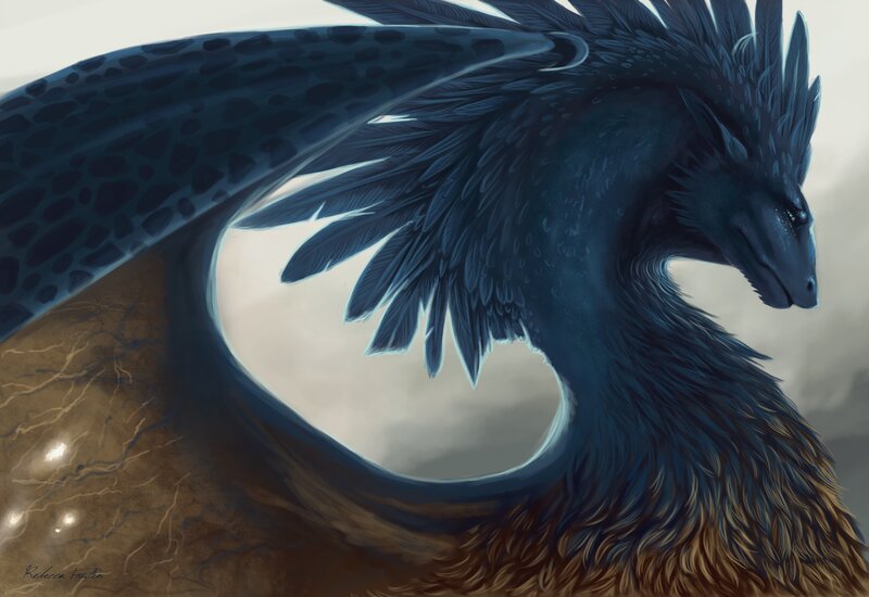 Blue Feathered Dragon — Dramatic, Digital Art