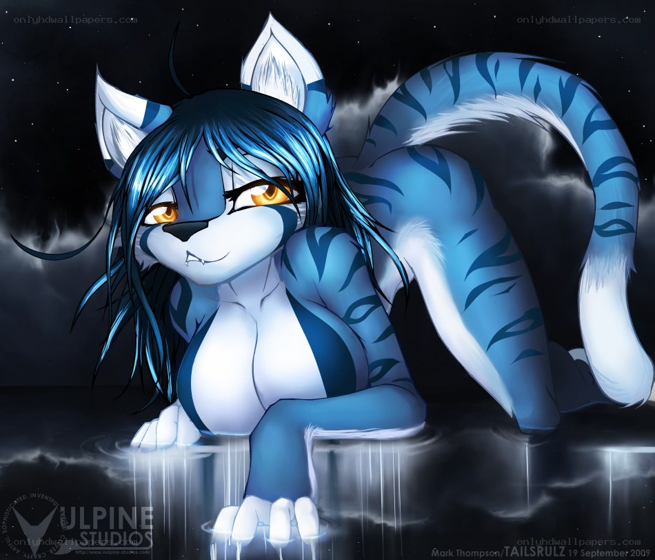 blue feline character at night