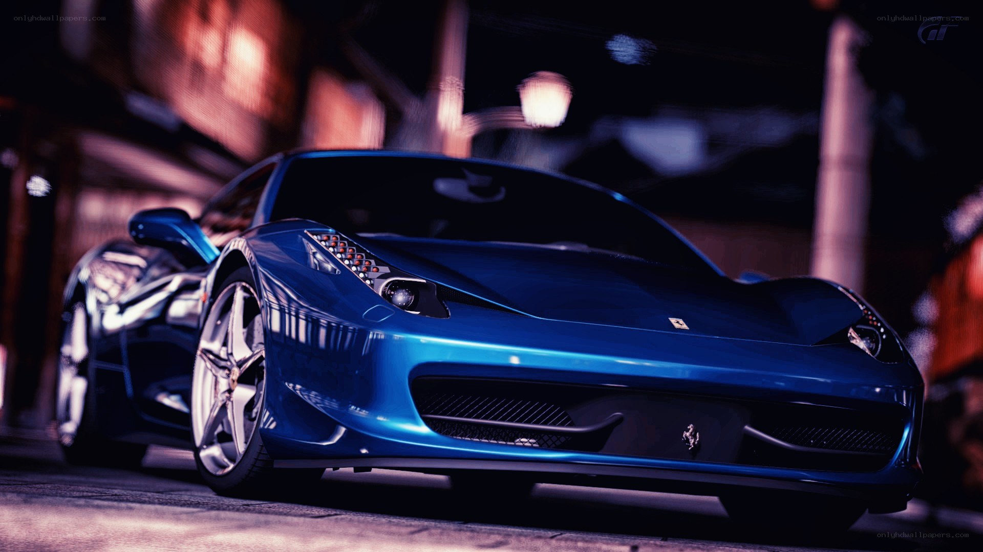 blue ferrari at night