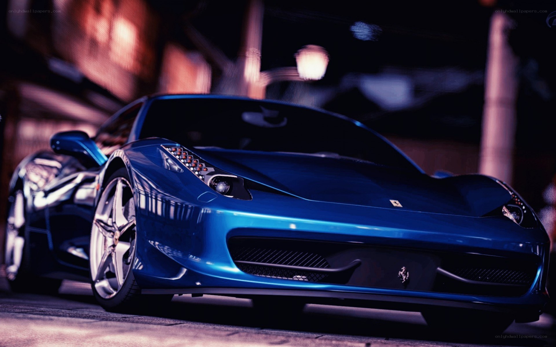 blue ferrari at night