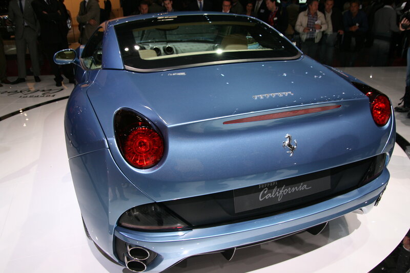 Blue Ferrari California rear view