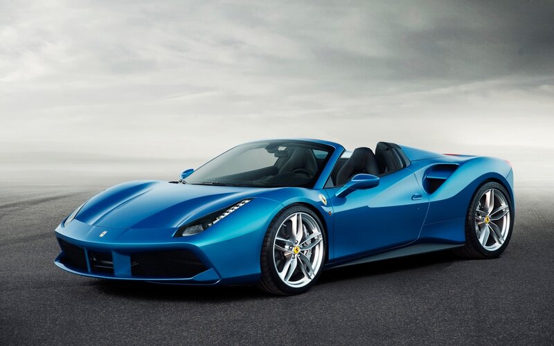 Blue Ferrari Convertible — Dramatic, Photograph, Car, Road, Sky