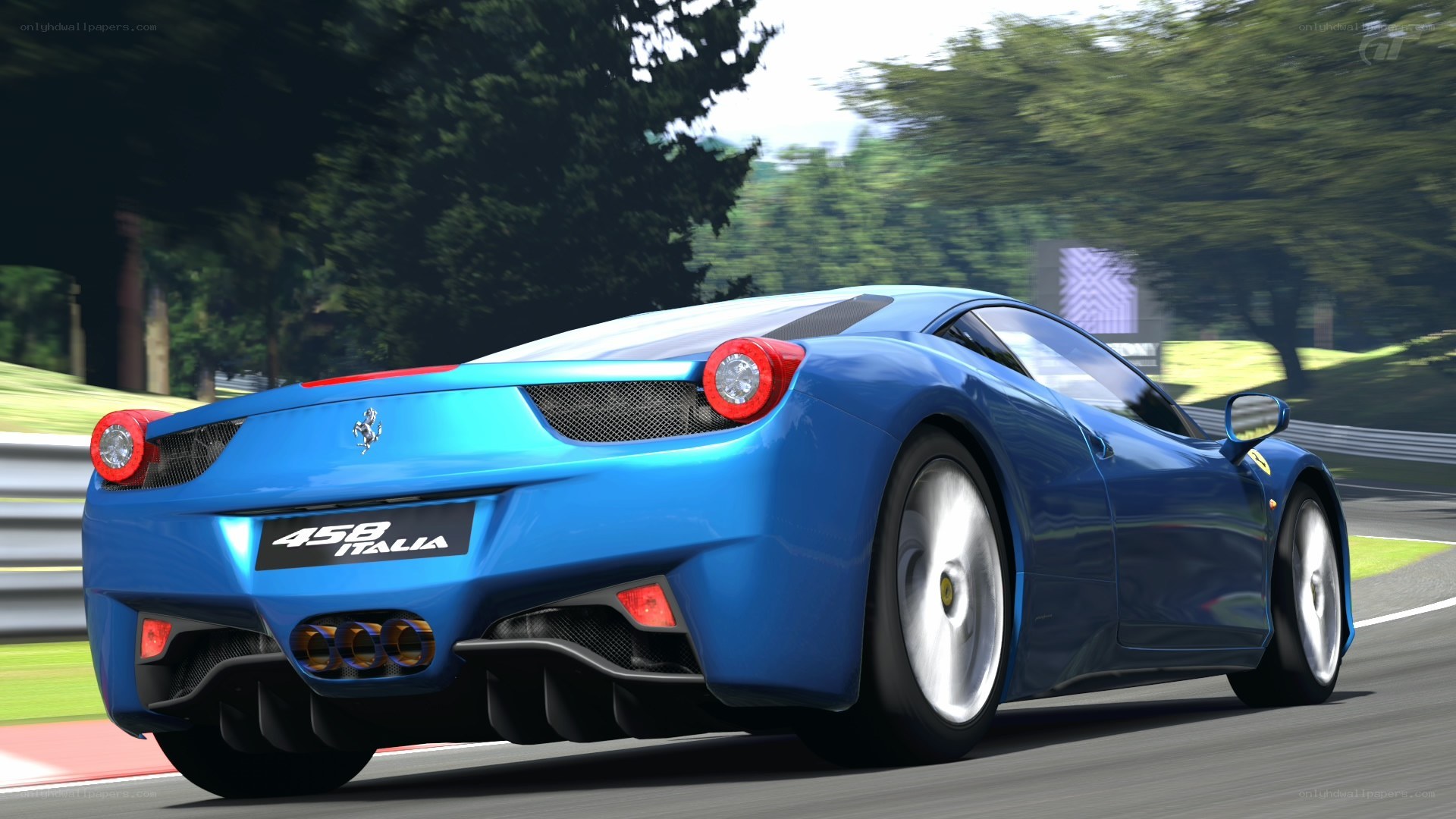 Blue Ferrari on a racetrack