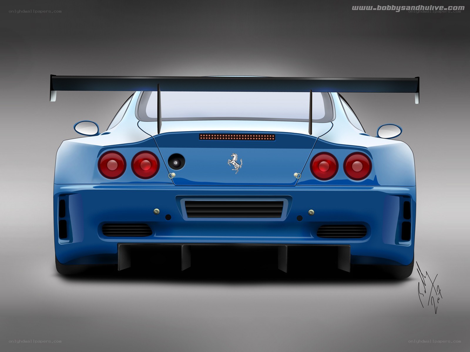 blue ferrari race car rear view
