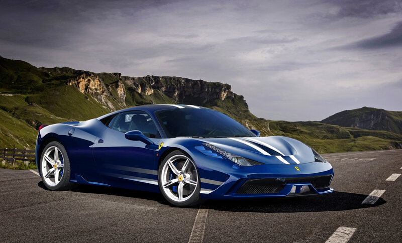 Blue Ferrari Sports Car — Dramatic, Afternoon, Photograph