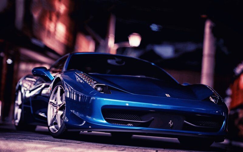 Blue Ferrari Sports Car — Dramatic, Night, 3d Render