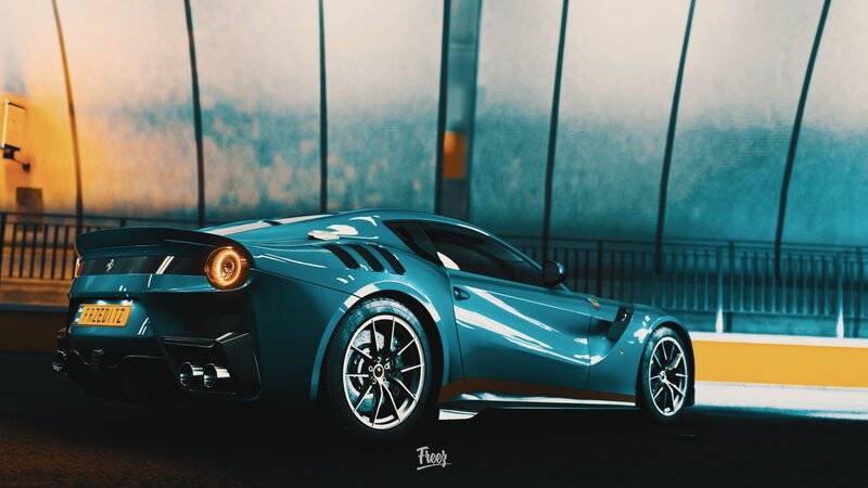 Blue Ferrari Sports Car — Dramatic, Night, 3d Render, Tunnel