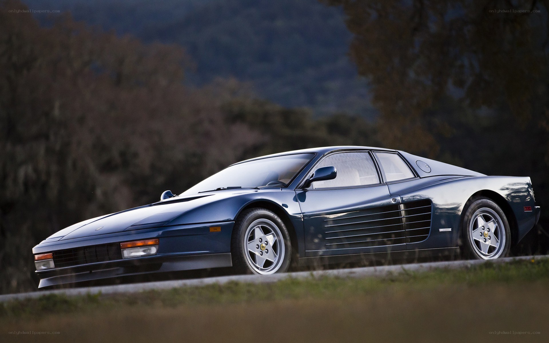 Blue Ferrari Testarossa on road