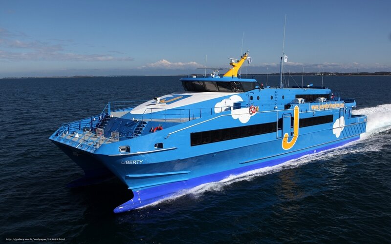 Blue ferry boat on the water
