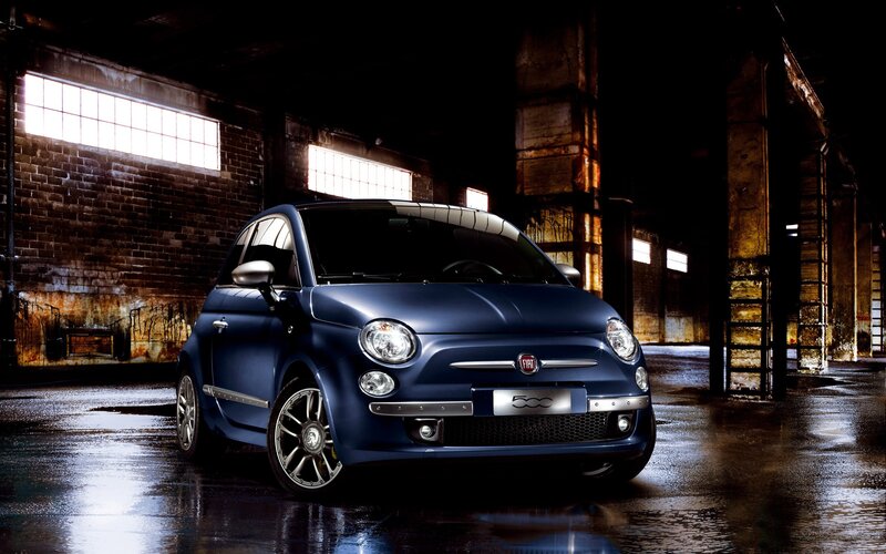 Blue Fiat 500 in warehouse