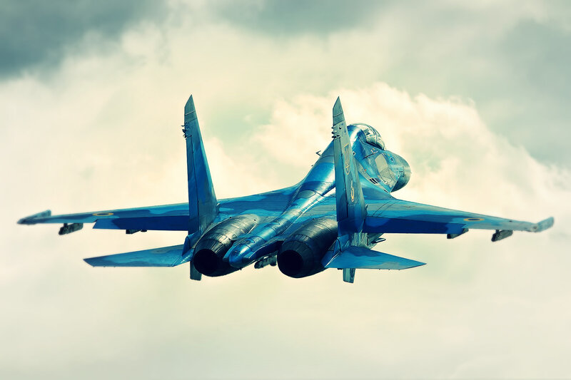 Blue Fighter Jet — Dramatic, Photograph, Clouds, Sky