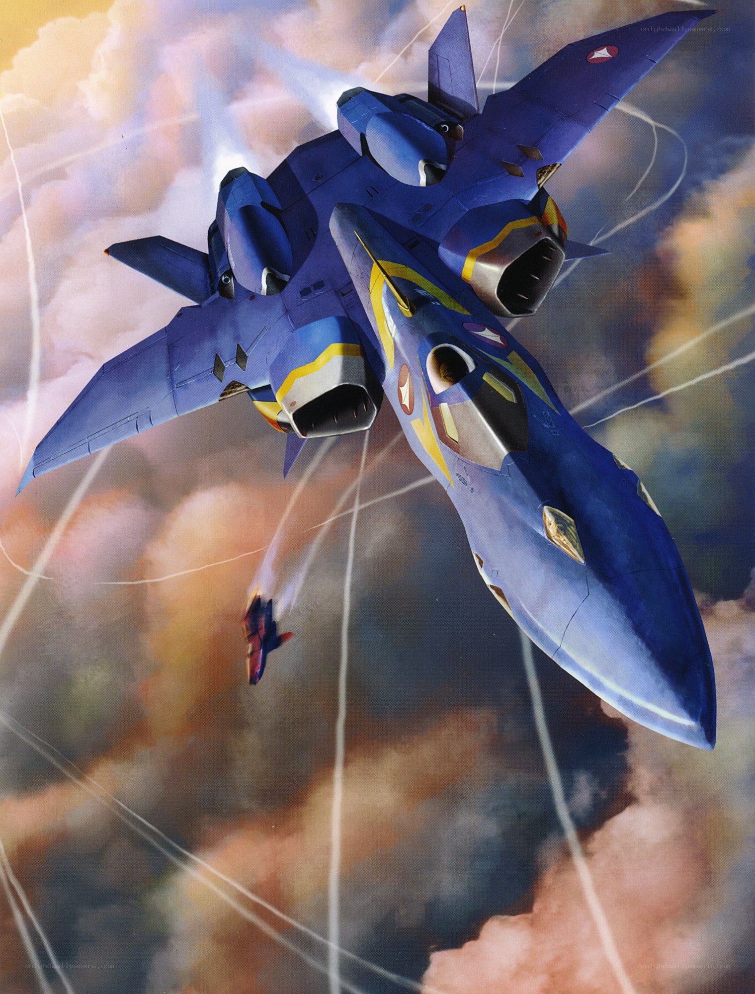 Blue fighter jet in combat