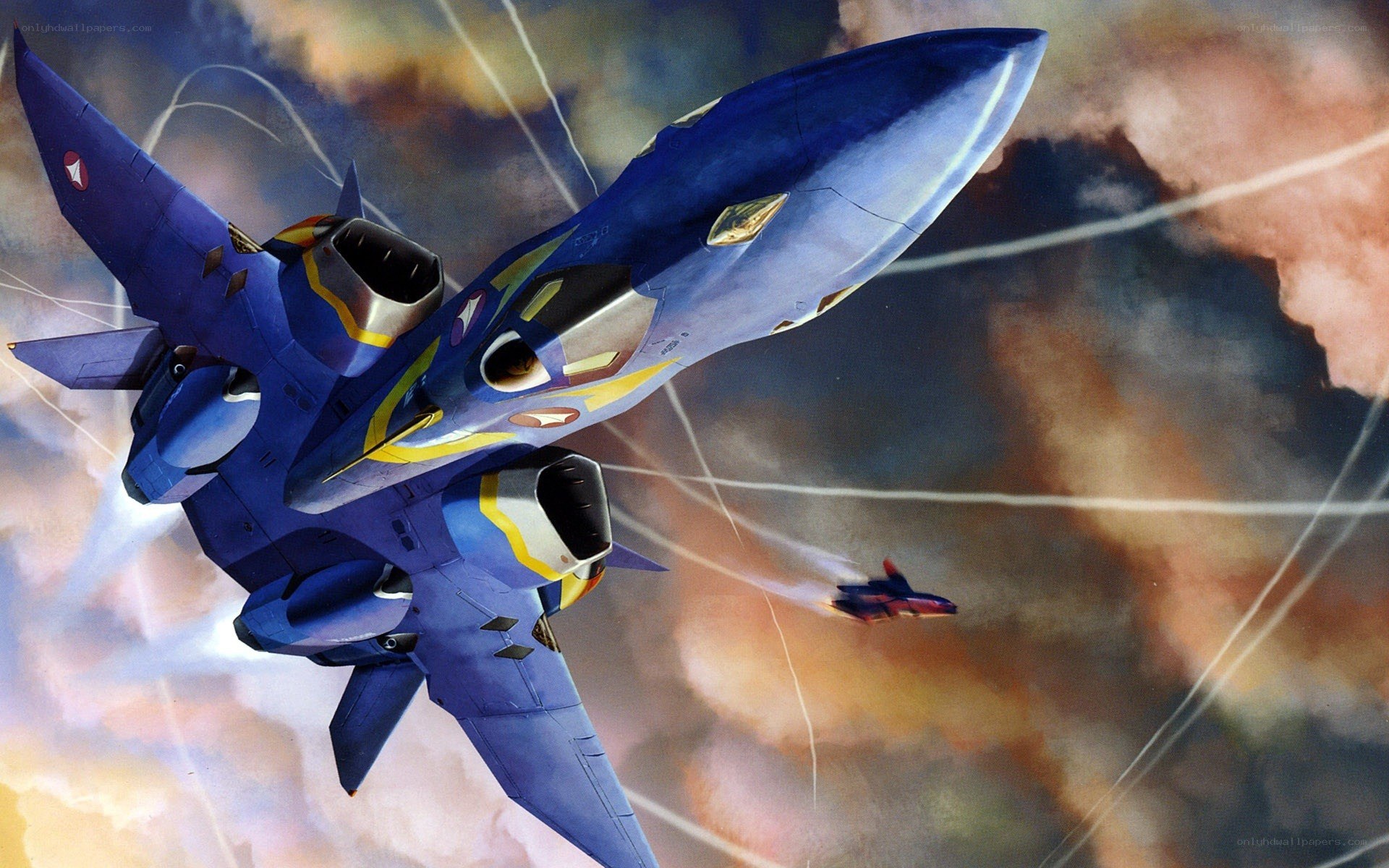 Blue fighter jet in combat