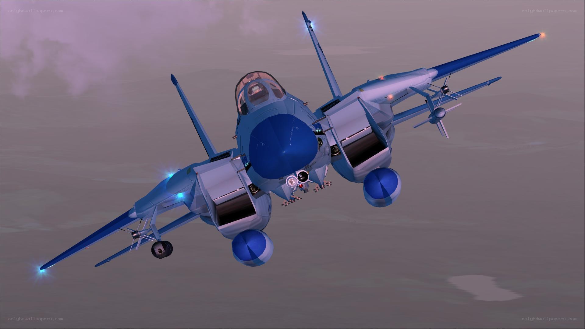blue fighter jet in flight