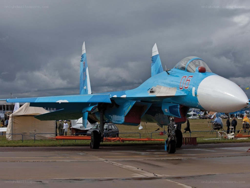 Blue fighter jet on display