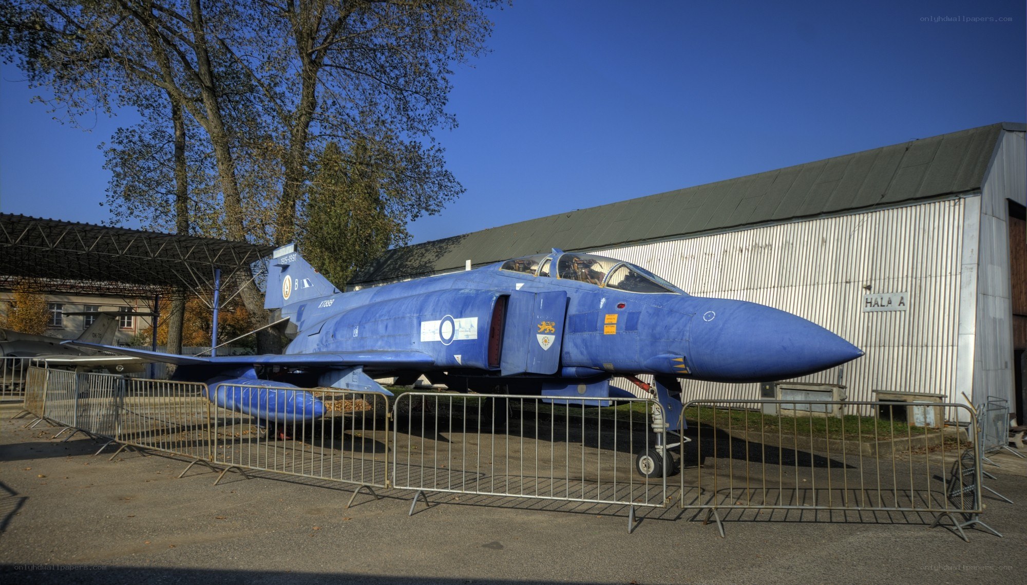 Blue fighter jet on display