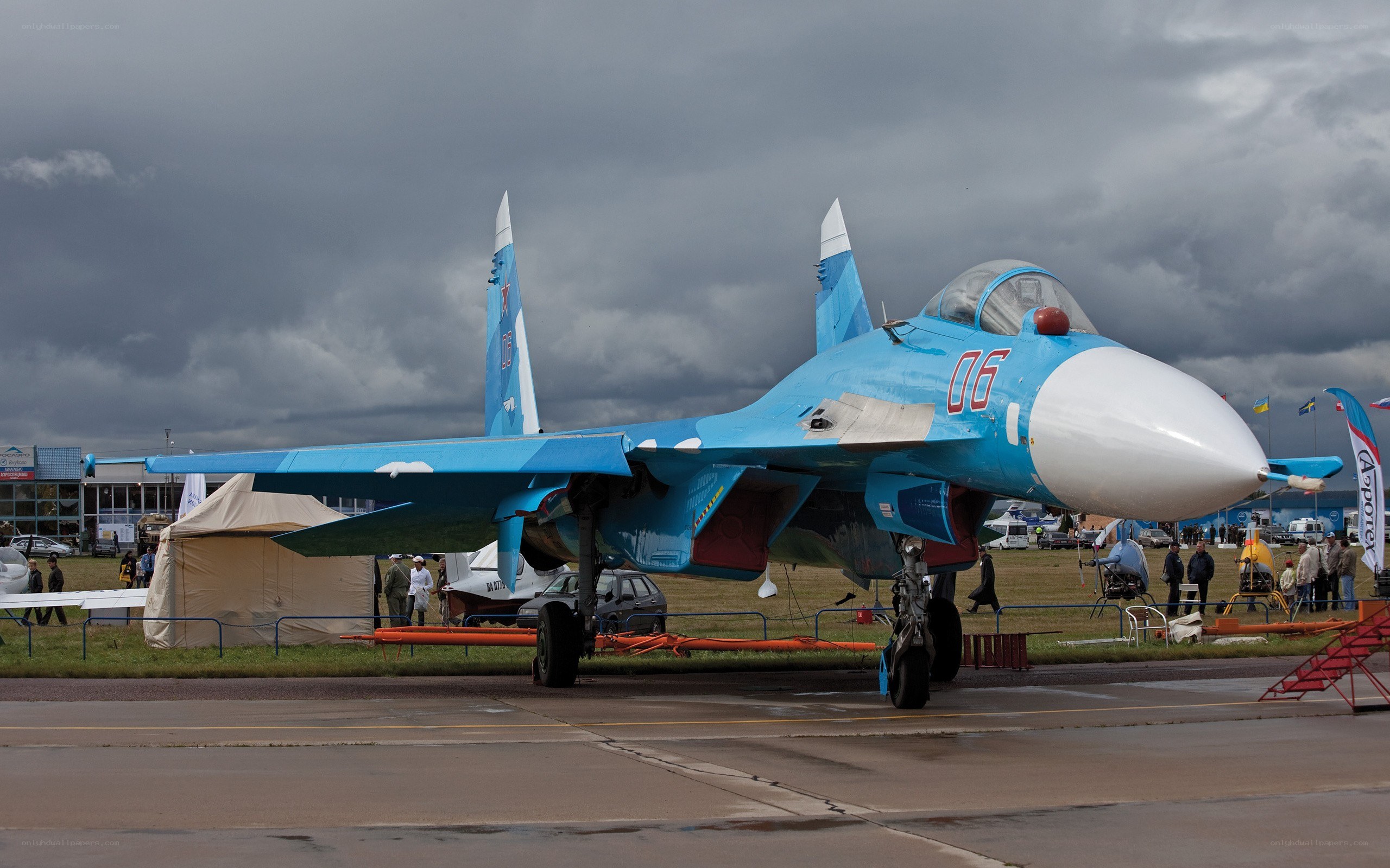 Blue fighter jet on display