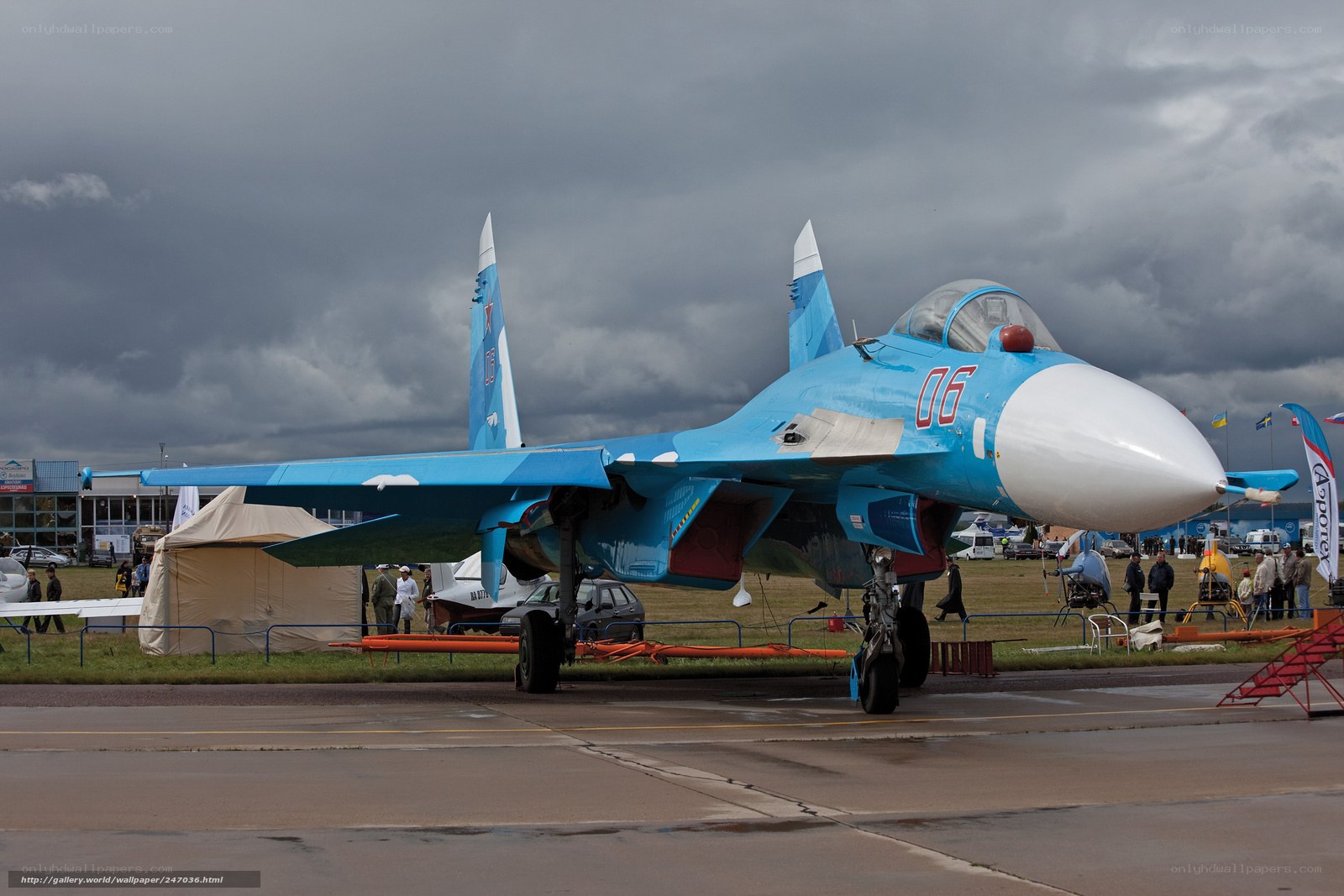 Blue fighter jet on display
