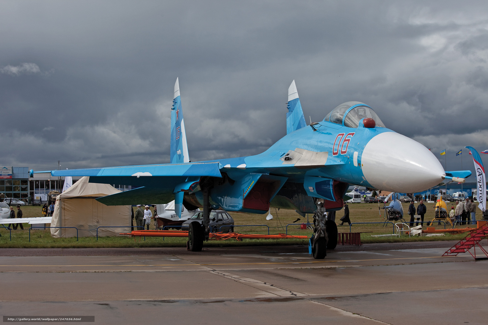 Blue fighter jet on display