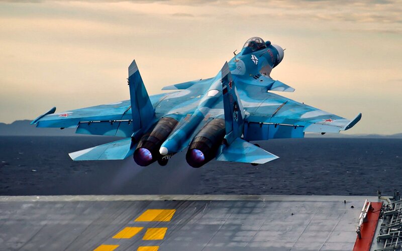 Blue Fighter Jet Taking Off — Dramatic