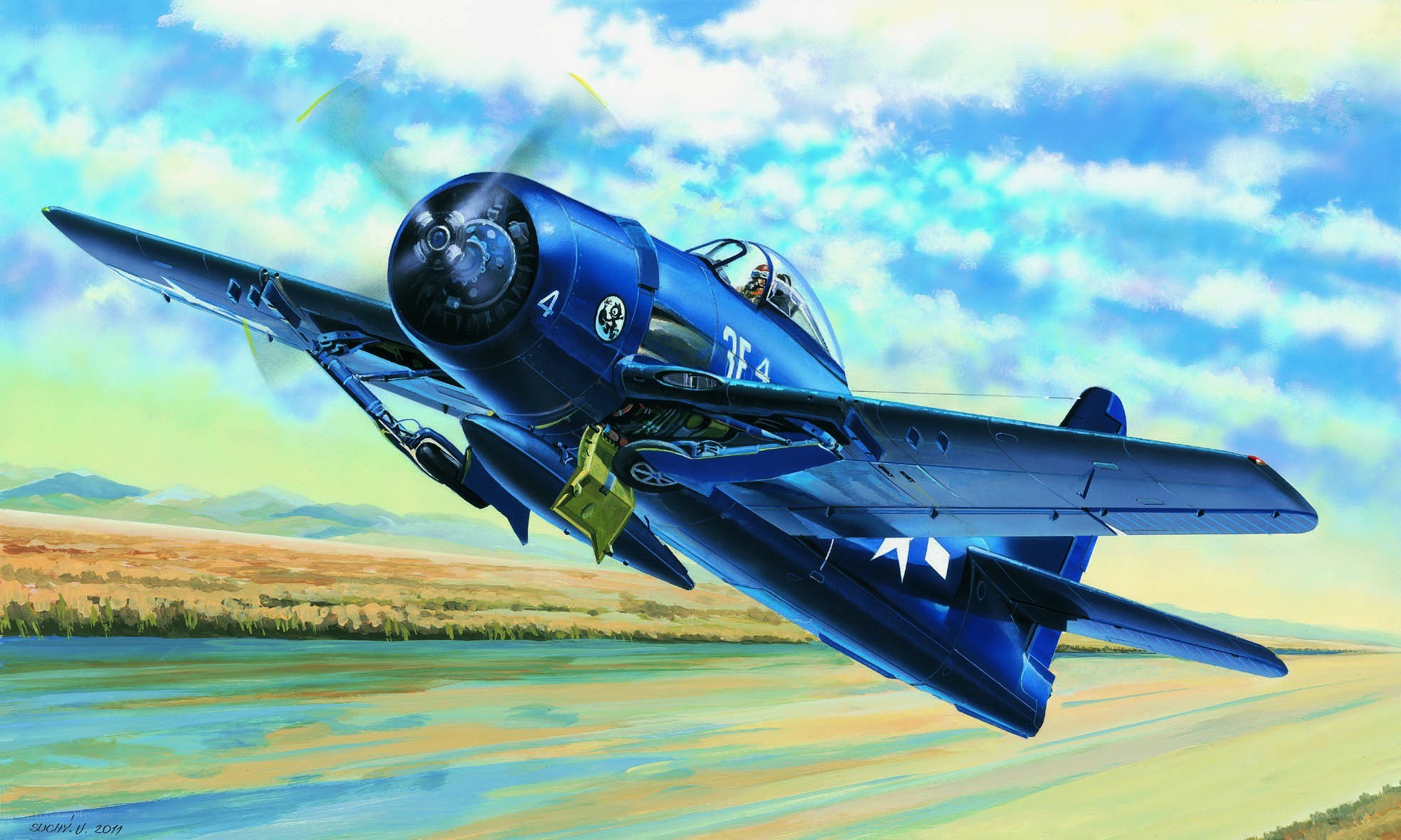 Blue fighter plane in flight