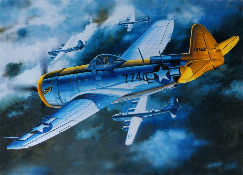 Blue Fighter Plane in Flight — Dramatic, Illustration