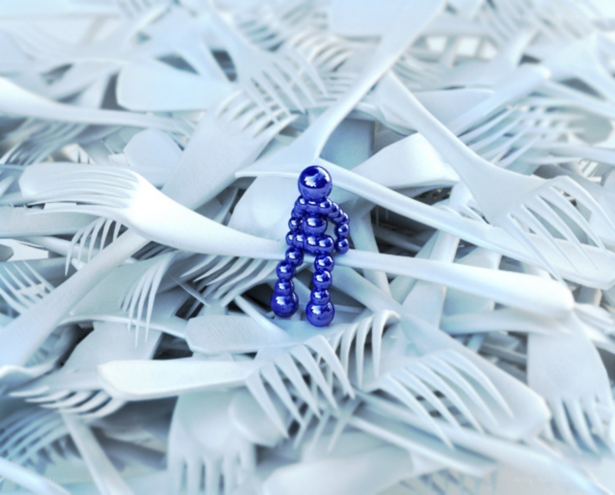 Blue figure among white forks