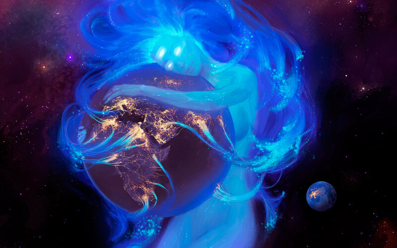 Blue Figure Holding Earth