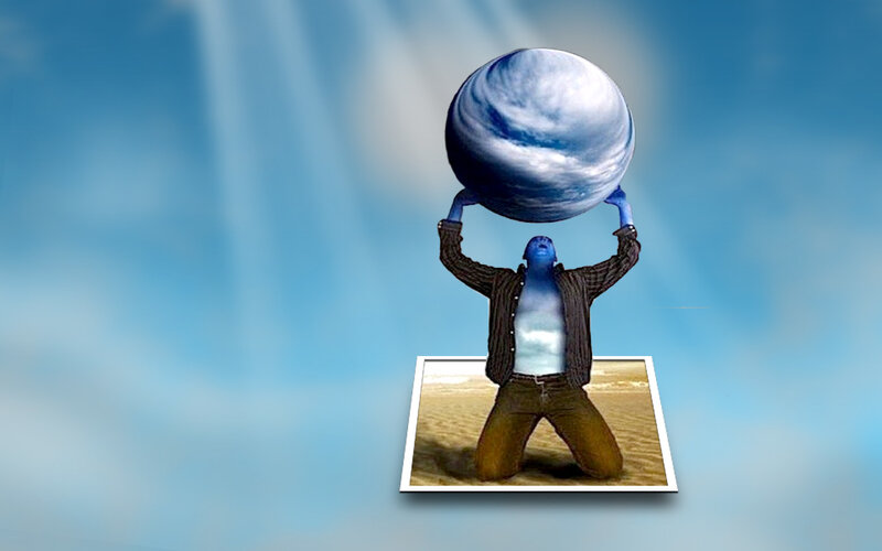 blue figure holding planet