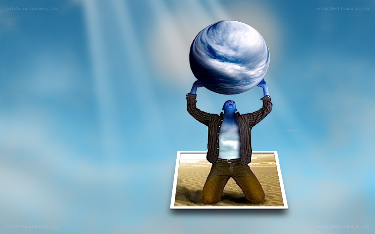 blue figure holding planet
