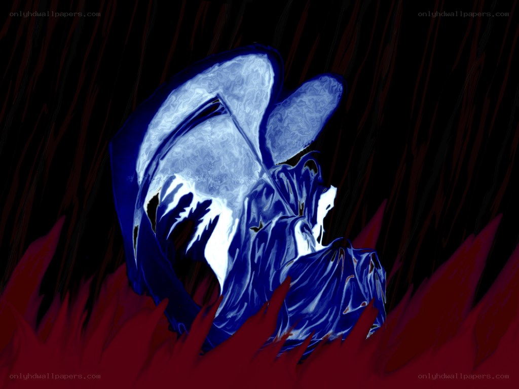 blue figure in red flames