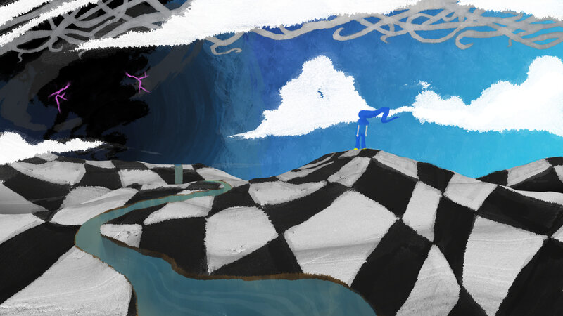 blue figure on checkered landscape