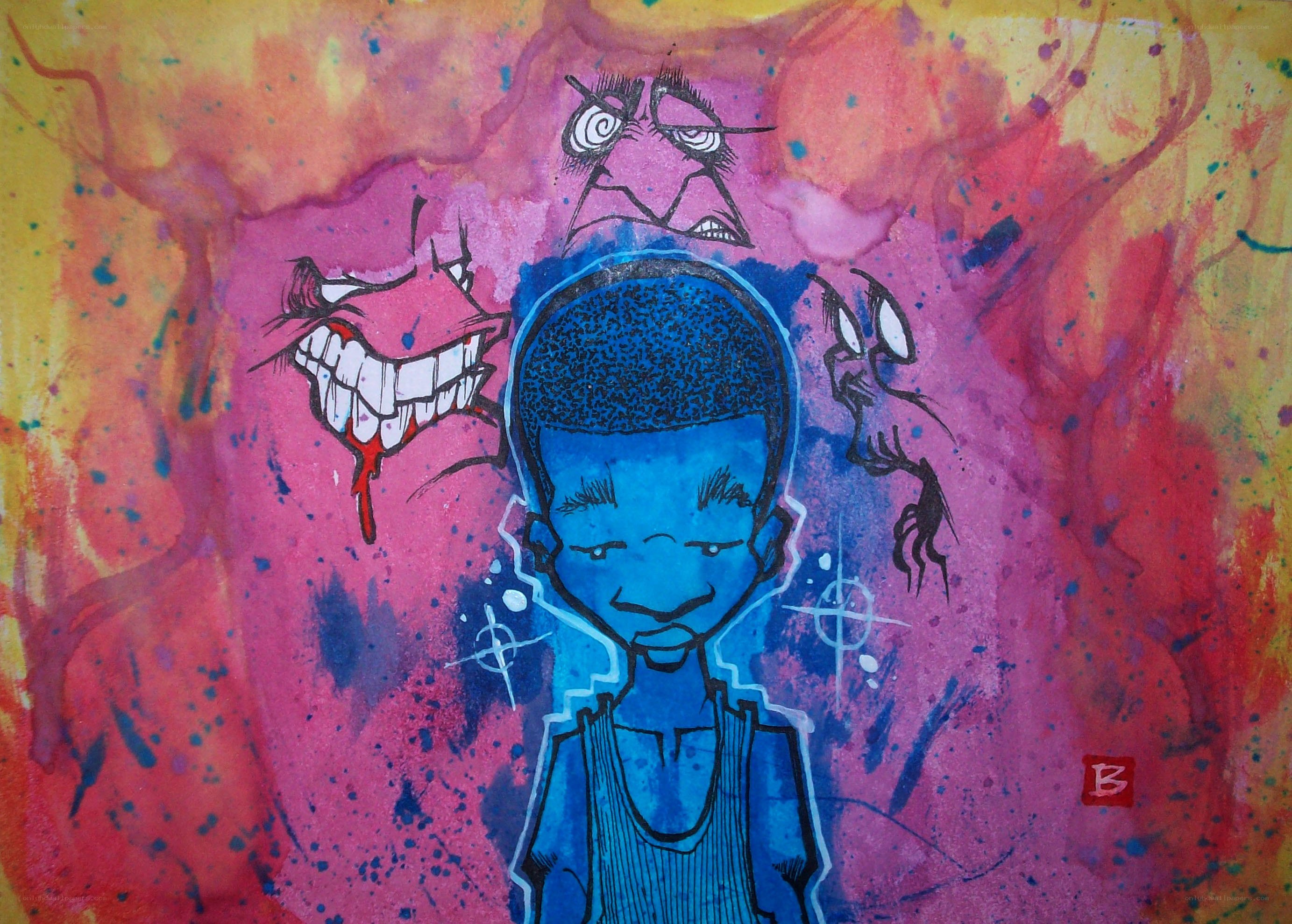 Blue figure with angry faces