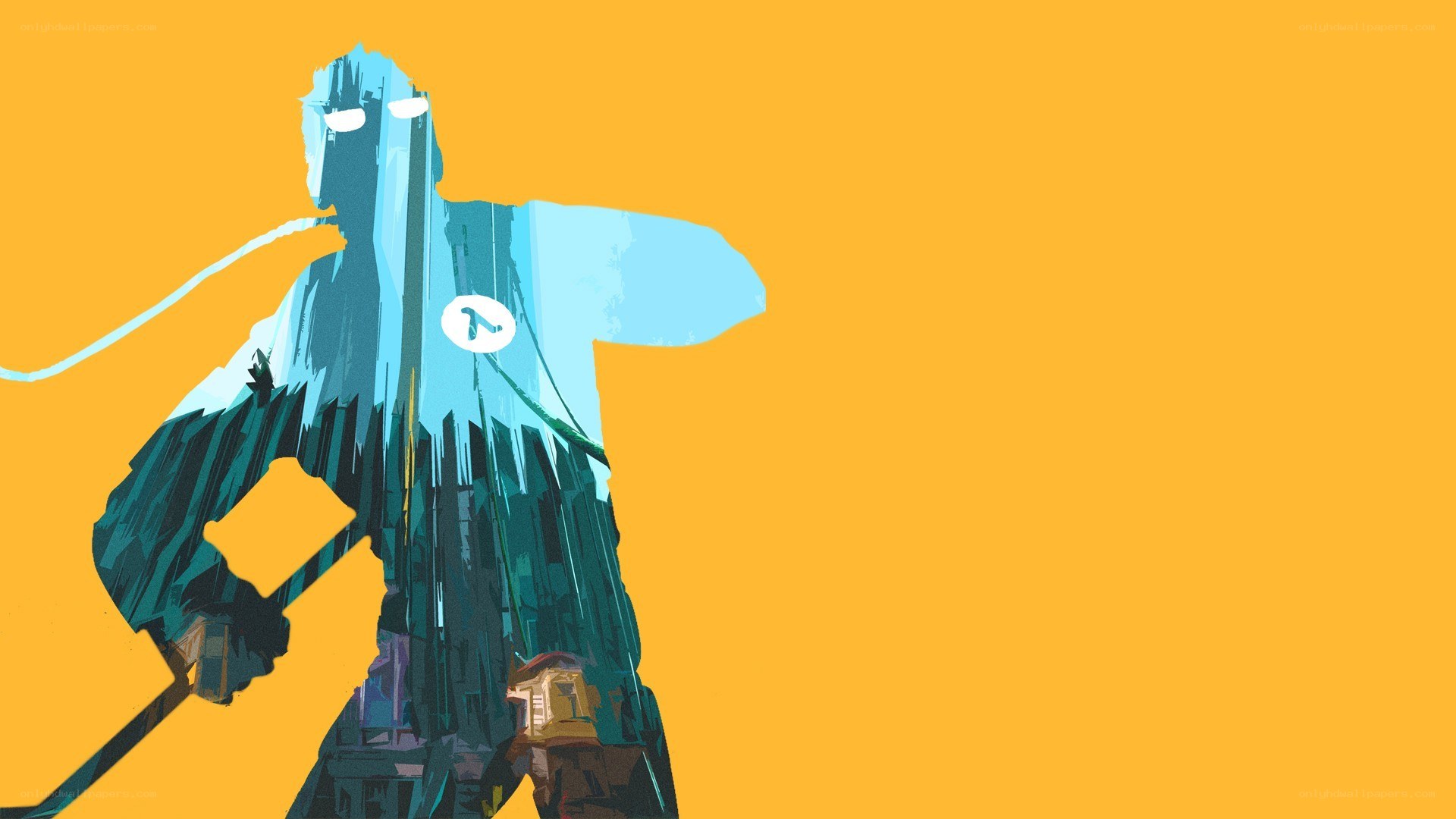 blue figure with cityscape