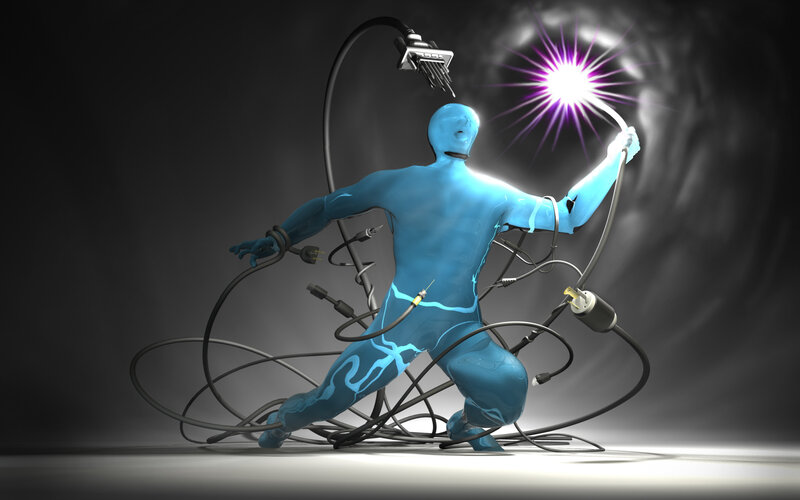 blue figure with electrical cables