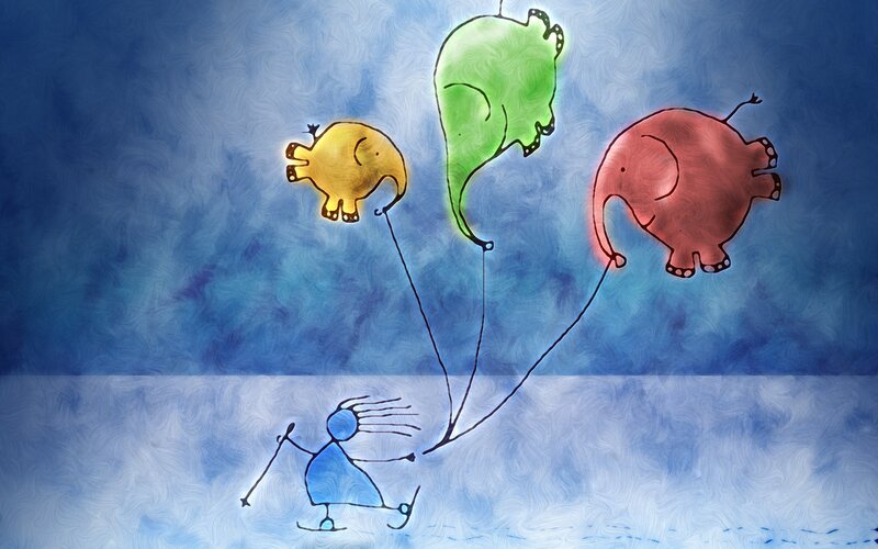 Blue Figure with Elephant Balloons — Whimsical