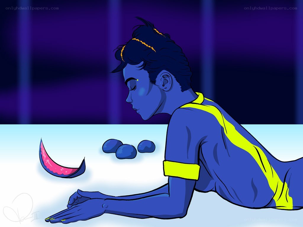 blue figure with fruit