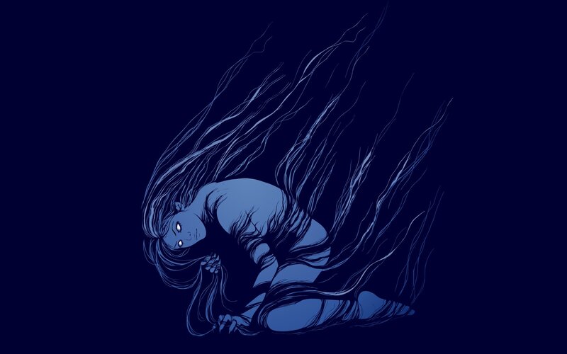 blue figure with long hair