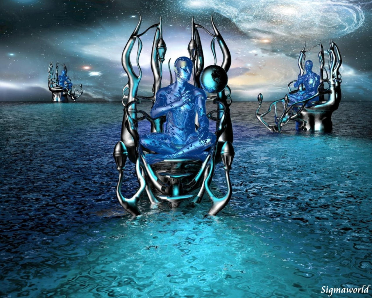Blue figures on thrones in water