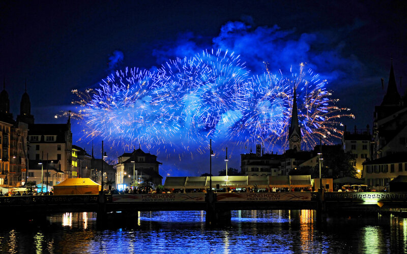 Blue Fireworks over River